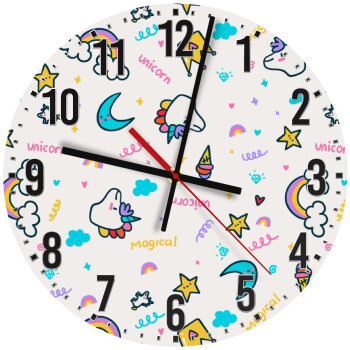 Unicorn pattern white, Ρολόι τοίχου ξύλινο (30cm)