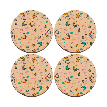 Unicorn pattern white, ΣΕΤ x4 Σουβέρ ξύλινα στρογγυλά plywood (9cm)