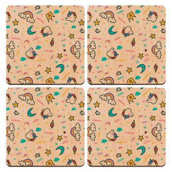 Unicorn pattern white, ΣΕΤ x4 Σουβέρ ξύλινα τετράγωνα plywood (9cm)