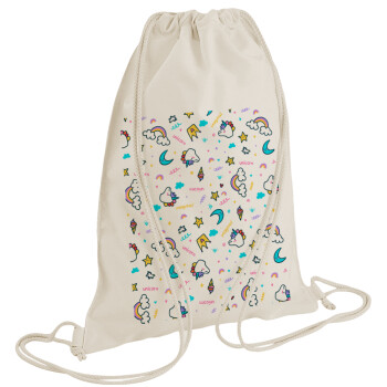 Unicorn pattern white, Τσάντα πλάτης πουγκί GYMBAG natural (28x40cm)