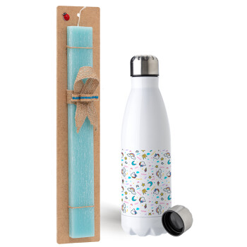 Unicorn pattern white, Easter Set, metallic stainless steel water bottle (750ml) & aromatic flat Easter candle (30cm) (TURQUOISE)