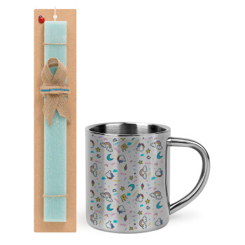 Unicorn pattern white, Easter Set, metallic thermal cup (300ml) & aromatic flat Easter candle (30cm) (TURQUOISE)