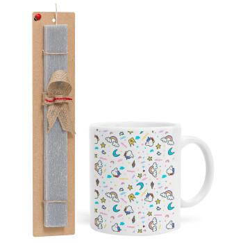 Unicorn pattern white, Easter Set, Ceramic Cup (330ml) & Easter aromatic flat candle (30cm) (GRAY)