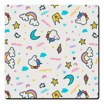 Unicorn pattern white, Τετράγωνο μαγνητάκι ξύλινο 6x6cm