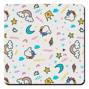 Unicorn pattern white, Τετράγωνο μαγνητάκι ξύλινο 9x9cm