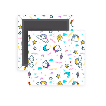 Unicorn pattern white, Μαγνητάκι ψυγείου τετράγωνο διάστασης 5x5cm