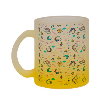 Unicorn pattern white, Κούπα γυάλινη δίχρωμη με βάση το κίτρινο ματ, 330ml