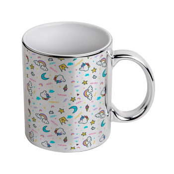 Unicorn pattern white, Mug ceramic, silver mirror, 330ml
