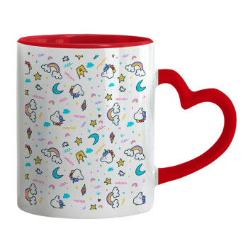 Unicorn pattern white, Mug heart red handle, ceramic, 330ml