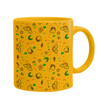 Unicorn pattern white, Ceramic coffee mug yellow, 330ml (1pcs)