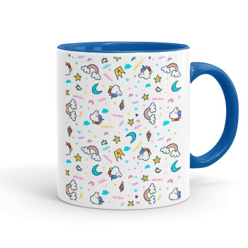 Unicorn pattern white, Mug colored blue, ceramic, 330ml