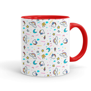 Unicorn pattern white, Κούπα χρωματιστή κόκκινη, κεραμική, 330ml