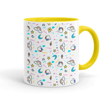 Unicorn pattern white, Mug colored yellow, ceramic, 330ml