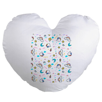 Unicorn pattern white, Μαξιλάρι καναπέ καρδιά 40x40cm περιέχεται το  γέμισμα