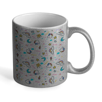 Unicorn pattern white, Κούπα Ασημένια Glitter που γυαλίζει, κεραμική, 330ml