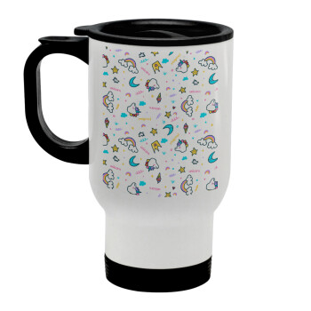 Unicorn pattern white, Stainless steel travel mug with lid, double wall white 450ml