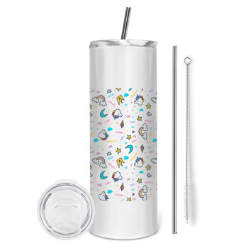 Unicorn pattern white, Eco friendly stainless steel tumbler 600ml, with metal straw & cleaning brush