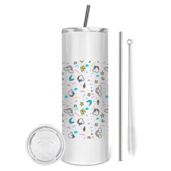 Unicorn pattern white, Tumbler ποτήρι θερμό από ανοξείδωτο ατσάλι 600ml, με μεταλλικό καλαμάκι & βούρτσα καθαρισμού