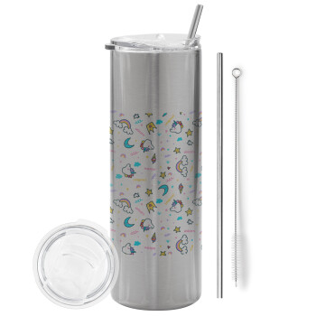 Unicorn pattern white, Eco friendly stainless steel Silver tumbler 600ml, with metal straw & cleaning brush