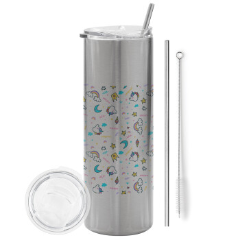 Unicorn pattern white, Tumbler ποτήρι θερμό Ασημένιο από ανοξείδωτο ατσάλι 600ml, με μεταλλικό καλαμάκι & βούρτσα καθαρισμού