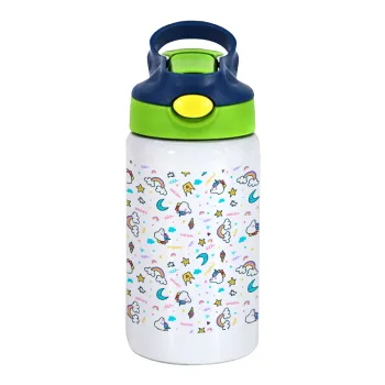 Unicorn pattern white, Children's hot water bottle, stainless steel, with safety straw, green, blue (350ml)