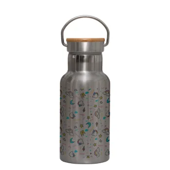 Unicorn pattern white, Stainless steel metallic thermos flask, silver with a bamboo lid, double-walled, 350ml.