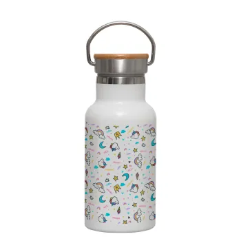 Unicorn pattern white, Metallic thermos (Stainless steel) White with wooden lid (bamboo), double-walled, 350ml