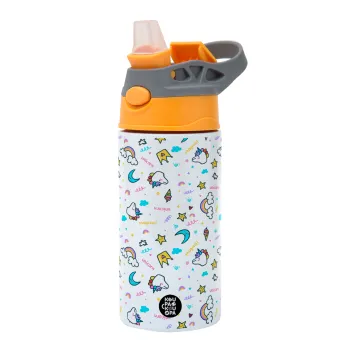 Unicorn pattern white, Παιδικό παγούρι θερμό, ανοξείδωτο, με καλαμάκι ασφαλείας, Πορτοκαλί/Γκρι (360ml) BPA-FREE