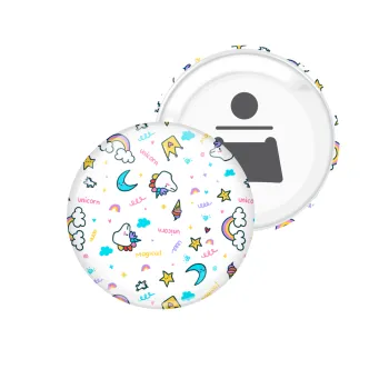 Unicorn pattern white, Μαγνητάκι και ανοιχτήρι μπύρας στρογγυλό διάστασης 5,9cm