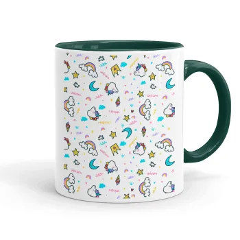 Unicorn pattern white, Mug colored green, ceramic, 330ml