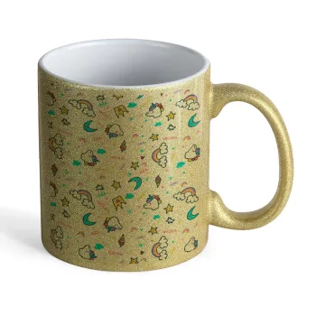 Unicorn pattern white, Κούπα Χρυσή Glitter που γυαλίζει, κεραμική, 330ml