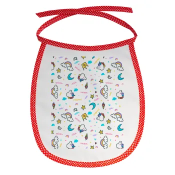 Unicorn pattern white, Σαλιάρα μωρού αλέκιαστη με κορδόνι Κόκκινη