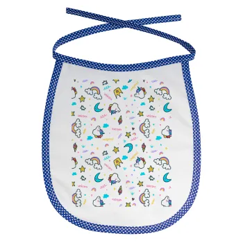 Unicorn pattern white, Σαλιάρα μωρού αλέκιαστη με κορδόνι Μπλε