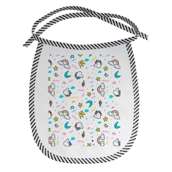 Unicorn pattern white, Σαλιάρα μωρού αλέκιαστη με κορδόνι Μαύρη