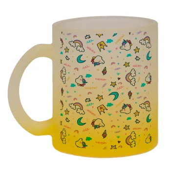 Unicorn pattern white, Κούπα γυάλινη δίχρωμη με βάση το κίτρινο ματ, 330ml
