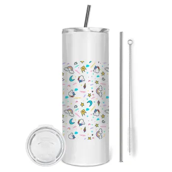 Unicorn pattern white, Tumbler stainless steel 600ml, with metal straw & cleaning brush
