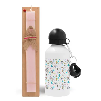 Unicorn pattern white, Easter Set, metallic aluminum bottle (500ml) & aromatic flat Easter candle (30cm) (PINK)