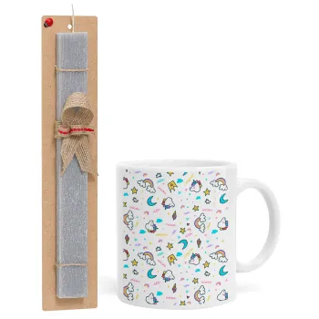 Unicorn pattern white, Easter Set, Ceramic Cup (330ml) & Easter aromatic flat candle (30cm) (GRAY)