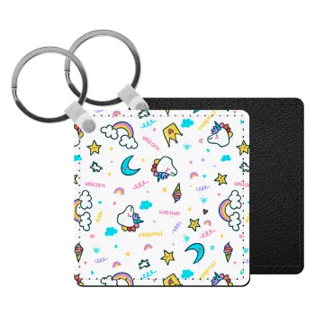 Unicorn pattern white, Μπρελόκ Δερματίνη, τετράγωνο ΜΑΥΡΟ (5x5cm)