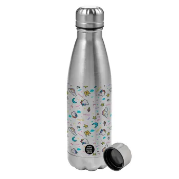 Unicorn pattern white, Metallic water bottle, stainless steel, 750ml