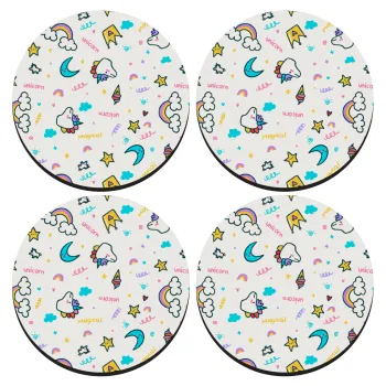 Unicorn pattern white, SET of 4 round wooden coasters (9cm)