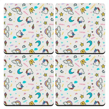 Unicorn pattern white, ΣΕΤ 4 Σουβέρ ξύλινα τετράγωνα (9cm)