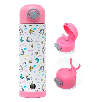 Unicorn pattern white, Παιδικό παγούρι θερμό, ανοξείδωτο, με καλαμάκι ασφαλείας, ΡΟΖ (500ml)