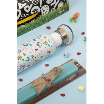 Unicorn pattern white, Πασχαλινή Λαμπάδα με παγούρι μεταλλικό (620ml, stainless steel) & κερί αρωματικό πλακέ (30cm) (ΤΙΡΚΟΥΑΖ)