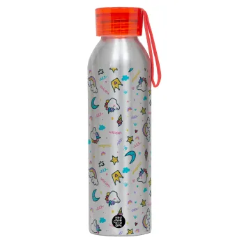 Unicorn pattern white, Αλουμινένιο Αθλητικό Μπουκάλι 650ml – Ασημί με Κόκκινο Καπάκι και Λουράκι Σιλικόνης