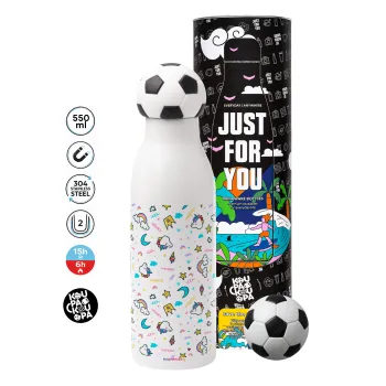 Unicorn pattern white, Μπάλα ποδοσφαίρου μεταλλικό παγούρι θερμός, διπλού τοιχώματος, 550ml