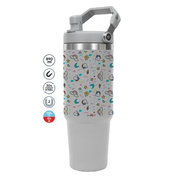 Unicorn pattern white, GREY color, 890ml (30oz) stainless Steel Tumbler with Handle