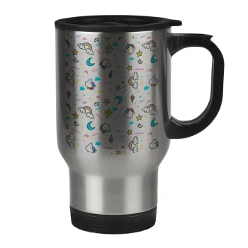 Unicorn pattern white, Stainless steel travel mug with lid, double wall 450ml