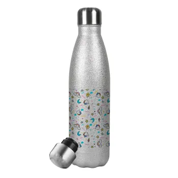 Unicorn pattern white, Metallic Glitter Silver Thermos Flask (Stainless steel), double-walled, 500ml