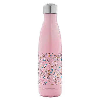 Unicorn pattern white, Metal mug thermos Pink Iridiscent (Stainless steel), double wall, 500ml